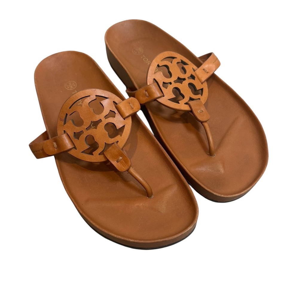 Tory Burch Miller Logo Thong Sandals in Cognac Brown